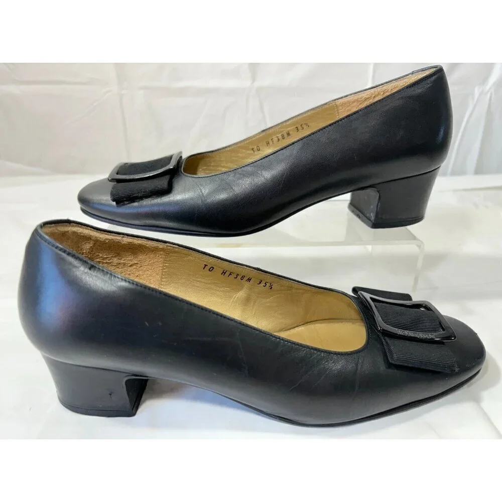 Yves Saint Laurent Black square bow Leather loafer Heels Buckle Size 5.5